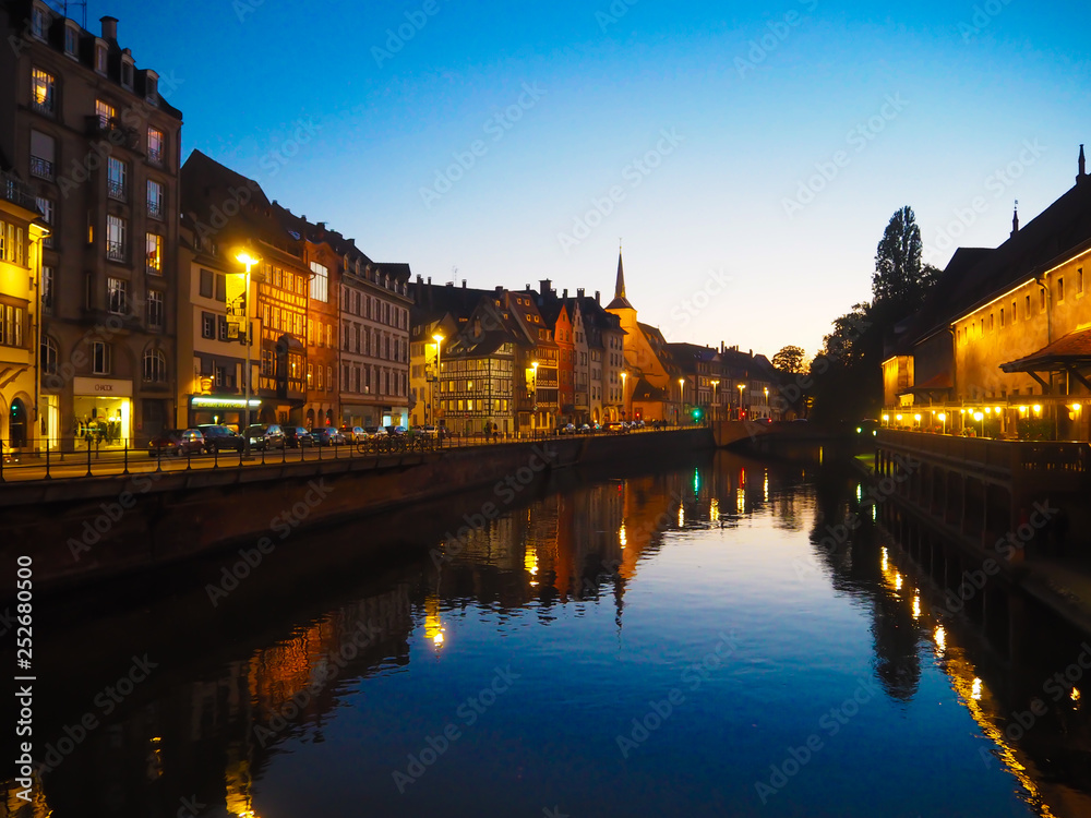 River view in Strassbourg in the evening - Beautyful city line  at night with reflection in the rhine in Strasbourg
