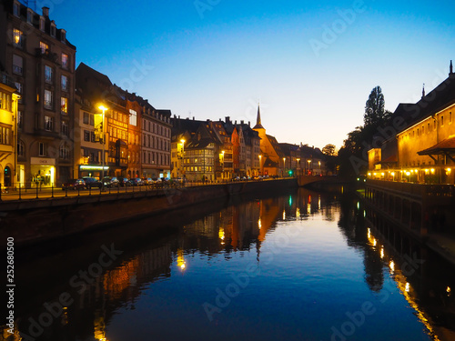 River view in Strassbourg in the evening - Beautyful city line at night with reflection in the rhine in Strasbourg