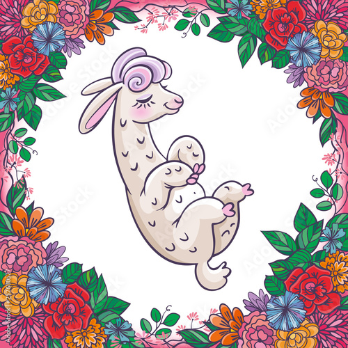 Beautiful llama, alpaca portrait with flowers frame. Vector, sketch, outline, cartoon Illustration