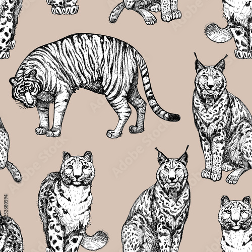 Canvas Print Seamless texture with wild cats in a beige background