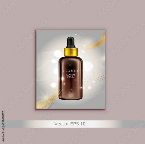 Bottle of dropper with liquid - stylish vector poster of bottle for cosmetic oil. Vector illustration layout, beauty and health.