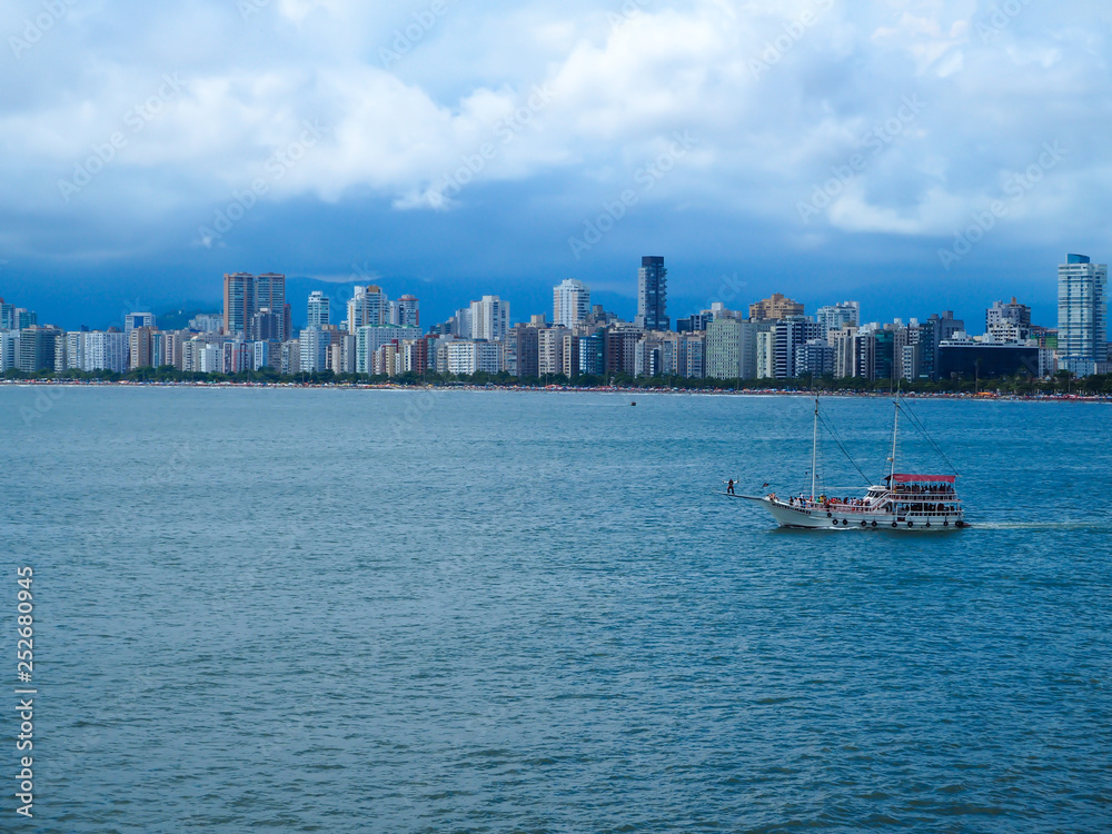 Panoramic view on skyline of a big city from seaside in Santos, Brasil - Latin America 