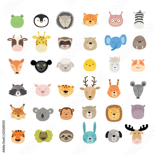 Big set of cute animal faces. Hand drawn characters. Vector illustration.