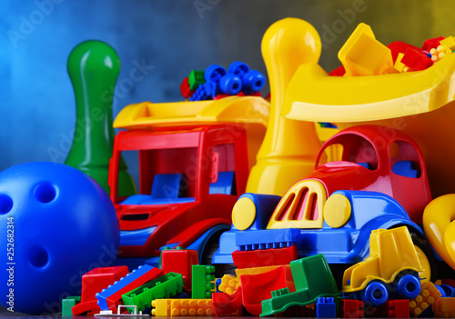 Composition with colorful plastic children toys