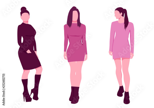 sexy woman silhouettes in short dresses. Pink style set vector