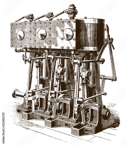 Antique triple-expansion yacht engine (after an engraving or etching from the 19th century)