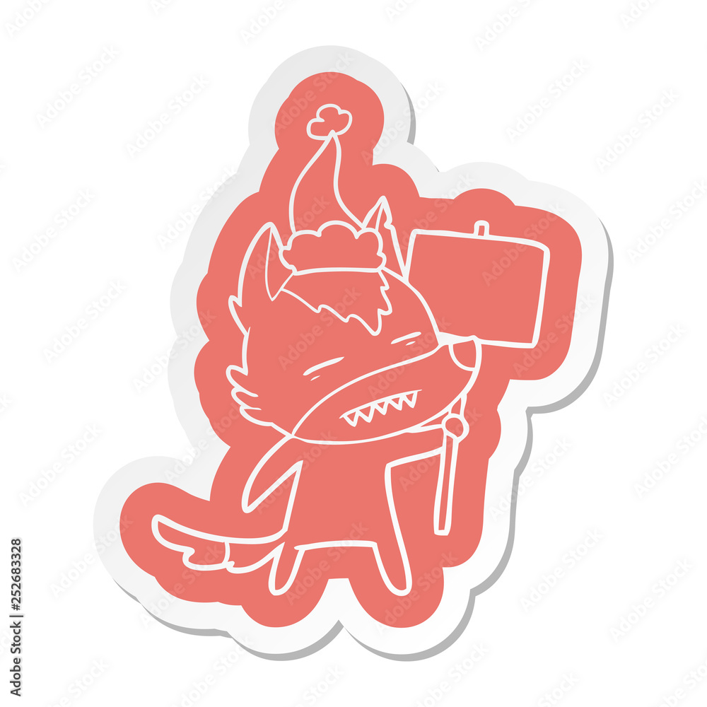 cartoon sticker of a wolf with sign post showing teeth wearing santa hat cartoon sticker of a wolf with sign post showing teeth wearing santa hat