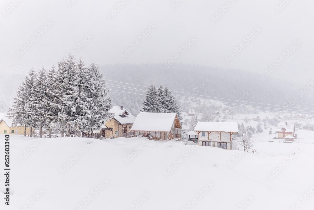 Rural winter landscape with houses and trees. Rural winter landscape with houses and trees.