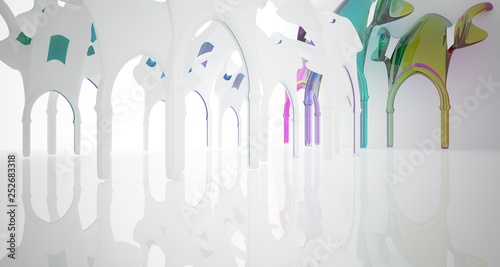 Abstract white and colored smooth gradient glasses gothic interior. 3D illustration and rendering.