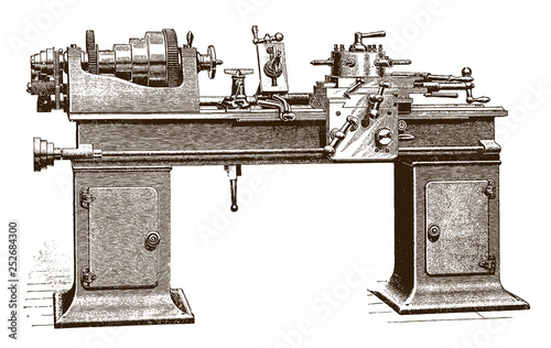 Historical cabinet turret brass lathe machine with friction clutch head, after etching from 19th century