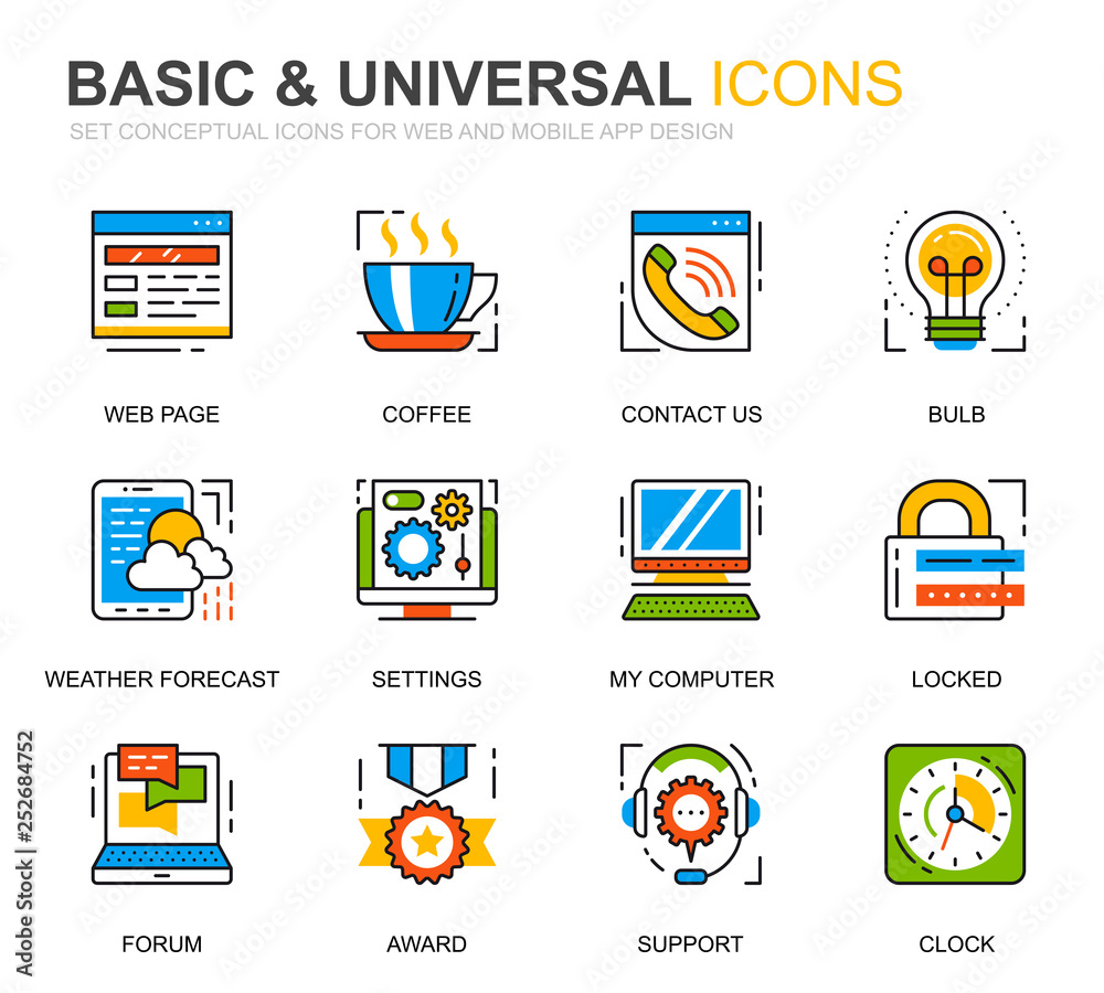 Simple Set Basic Line Icons for Website and Mobile Apps. Contains such Icons as Location, Briefcase, Lamp, Support, Business, Award. Conceptual color line icon. Vector pictogram pack.