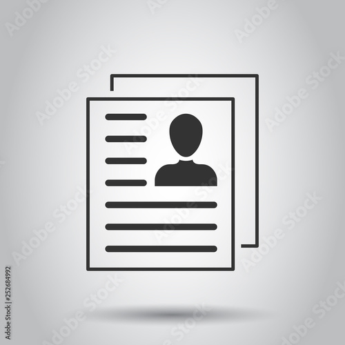 Resume icon in flat style. Contract document vector illustration on white background. Resume business concept.