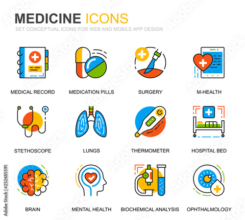 Simple Set Healthcare and Medicine Line Icons for Website and Mobile Apps. Contains such Icons as Doctor, Hospital, Medical Equipment. Conceptual color line icon. Vector pictogram pack.