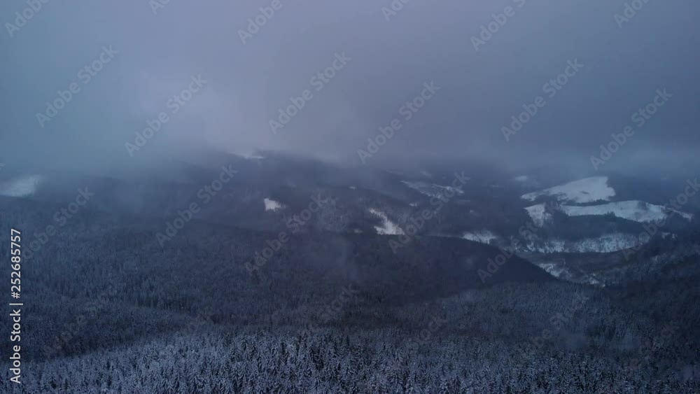Drone aerial flying rising up into clouds above dark mountain winter snow covered frozen pine forest woods. Nature landscape background scene