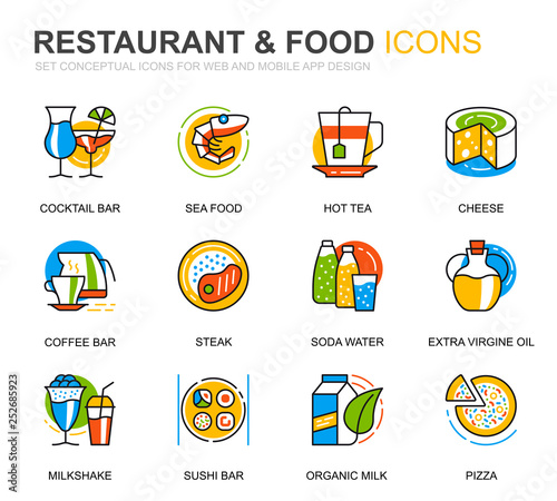 Simple Set Restaurant and Food Line Icons for Website and Mobile Apps. Contains such Icons as Fast Food, Menu, Organic Fruit, Coffee Bar. Conceptual color line icon. Vector pictogram pack.