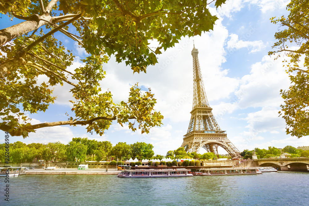 Fototapeta premium Seine river on Eifel tower through sunny sky