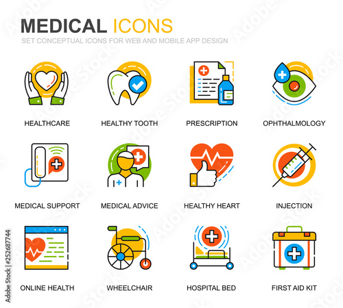 Simple Set Healthcare and Medical Line Icons for Website and Mobile Apps. Contains such Icons as Ambulance, First Aid, Research, Hospital. Conceptual color line icon. Vector pictogram pack.