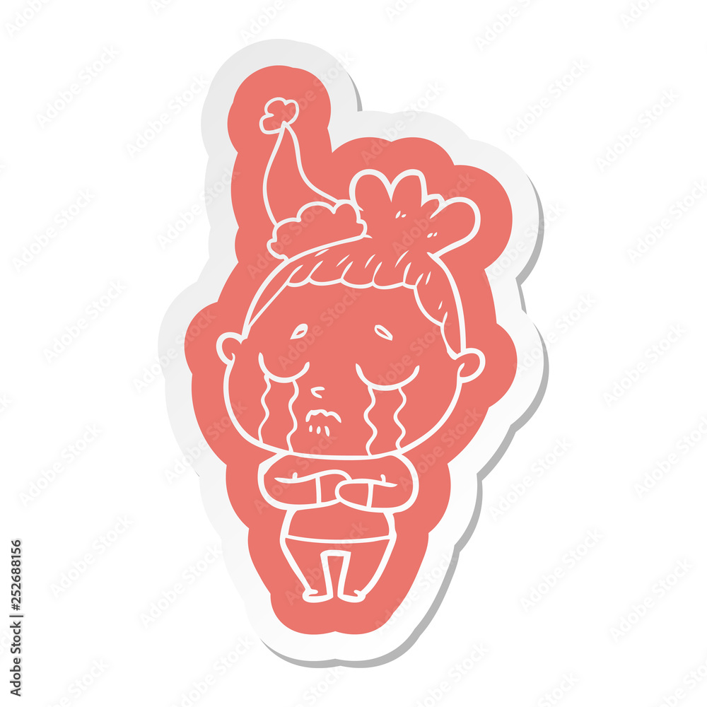 cartoon sticker of a crying woman wearing santa hat cartoon sticker of a crying woman wearing santa hat