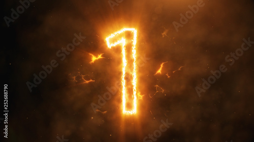 Realistic fire countdown with smoke and cloud. The fire counts from ten to zero. Abstract epic counter 3d illustration. Number 1