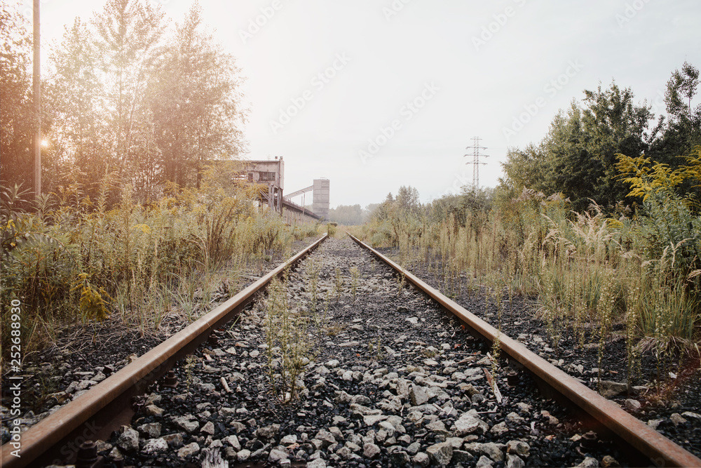 View of the abandoned railroad tracks. Post-mining landscape, industrial remains of mines. Residues from heavy industry in Upper Silesia in Poland.