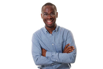 young african american businessman with glasses smiling with arms crossed against isolated white background