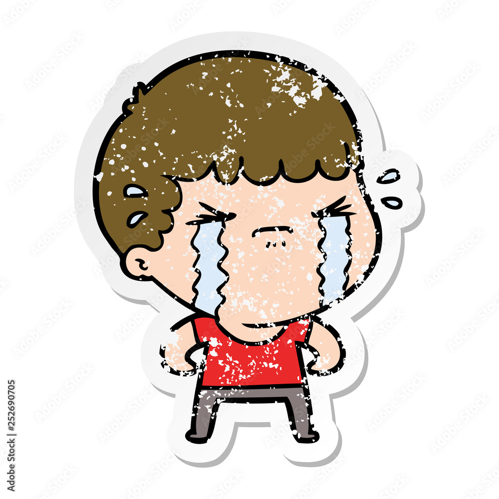 distressed sticker of a cartoon man crying distressed sticker of a cartoon man crying
