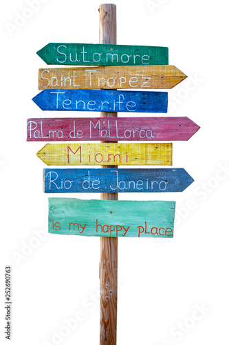 Wooden sign pointers with a space for happy place