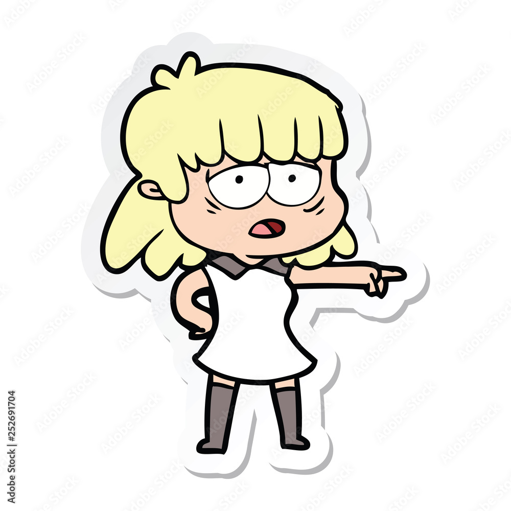 sticker of a cartoon tired woman pointing sticker of a cartoon tired woman pointing