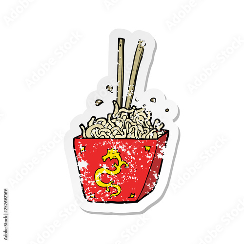 retro distressed sticker of a cartoon noodles in box