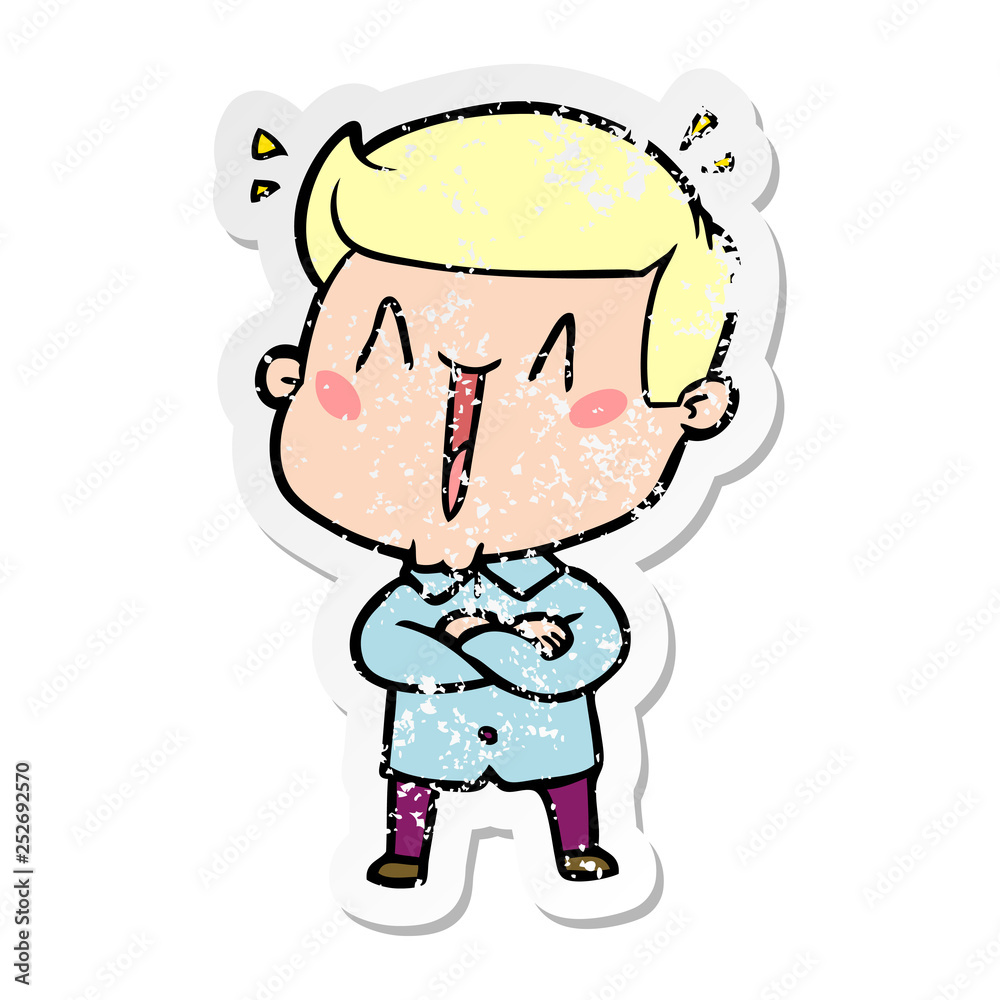 distressed sticker of a cartoon excited man distressed sticker of a cartoon excited man