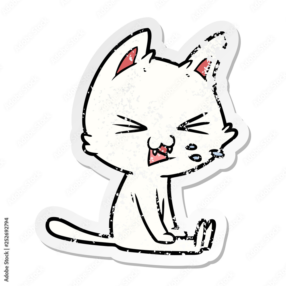 distressed sticker of a cartoon sitting cat hissing distressed sticker of a cartoon sitting cat hissing