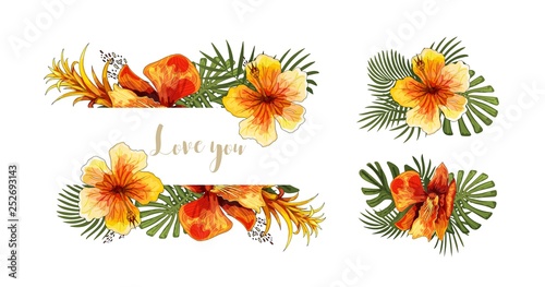 Wedding invitation card tropical floral orchid bouquet and lettering
