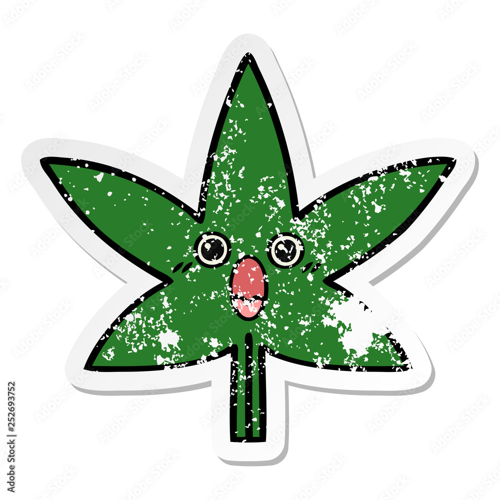 distressed sticker of a cute cartoon marijuana leaf