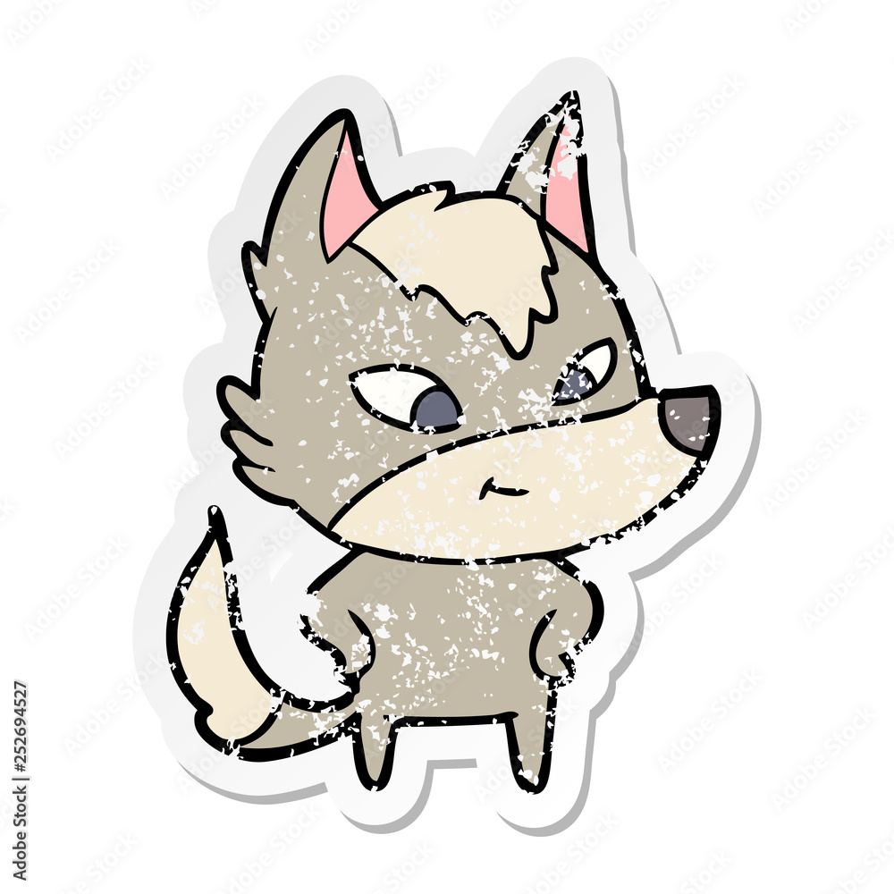 distressed sticker of a friendly cartoon wolf distressed sticker of a friendly cartoon wolf