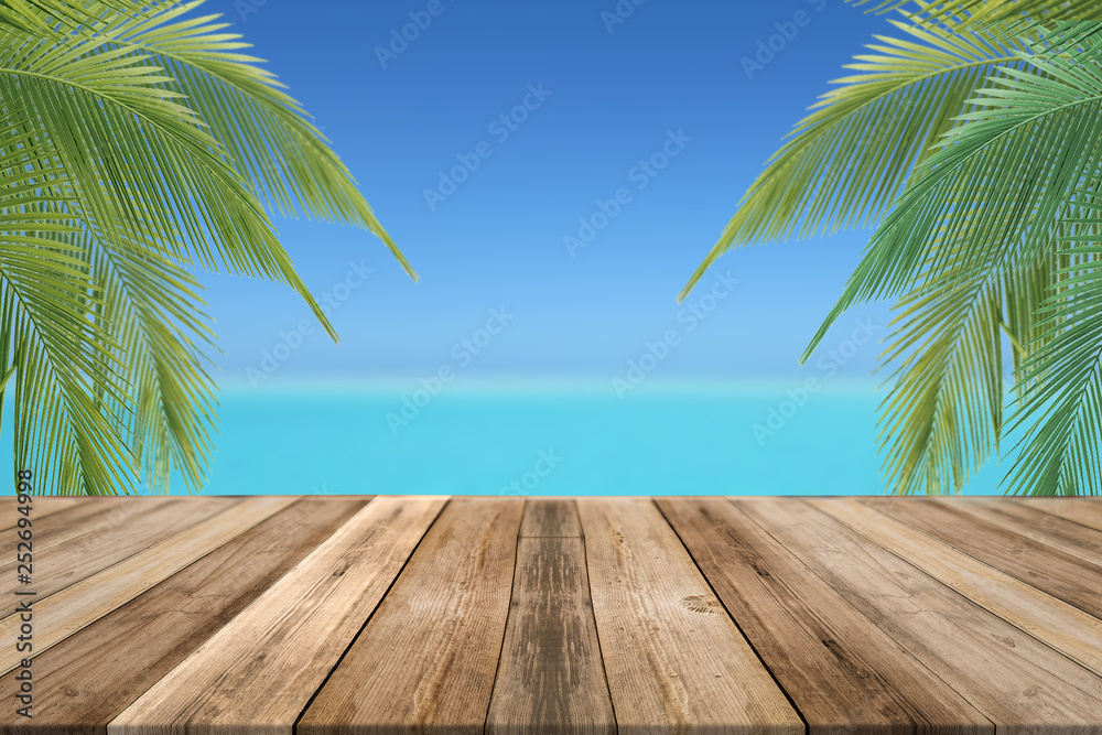 Tropical beach, wooden boards for product display,montage or mockup