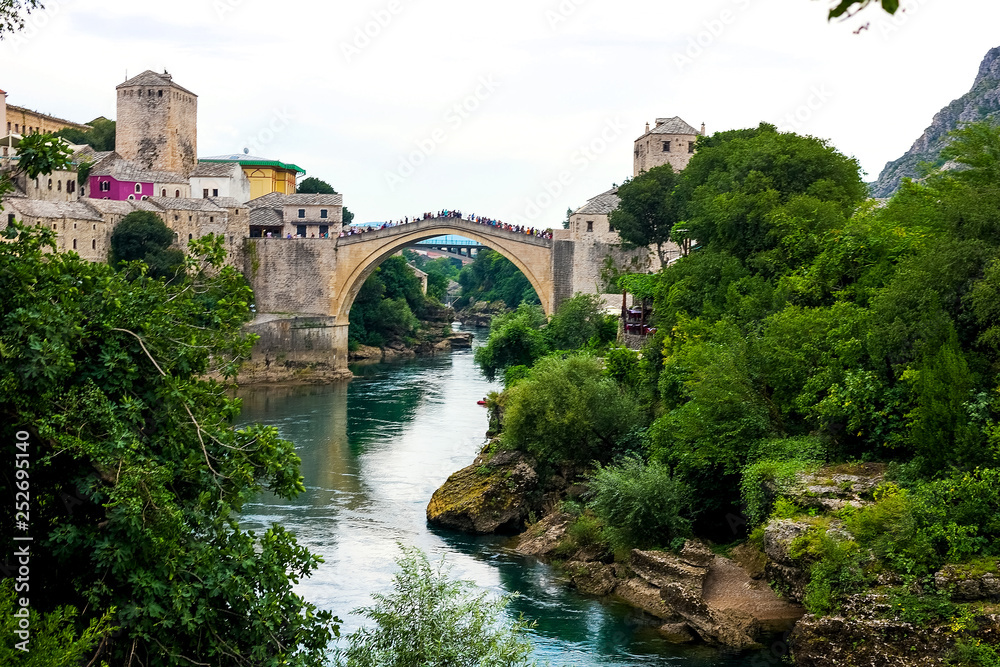 Mostar, Bosnia and Herzegovina. View of the bridge and the city.