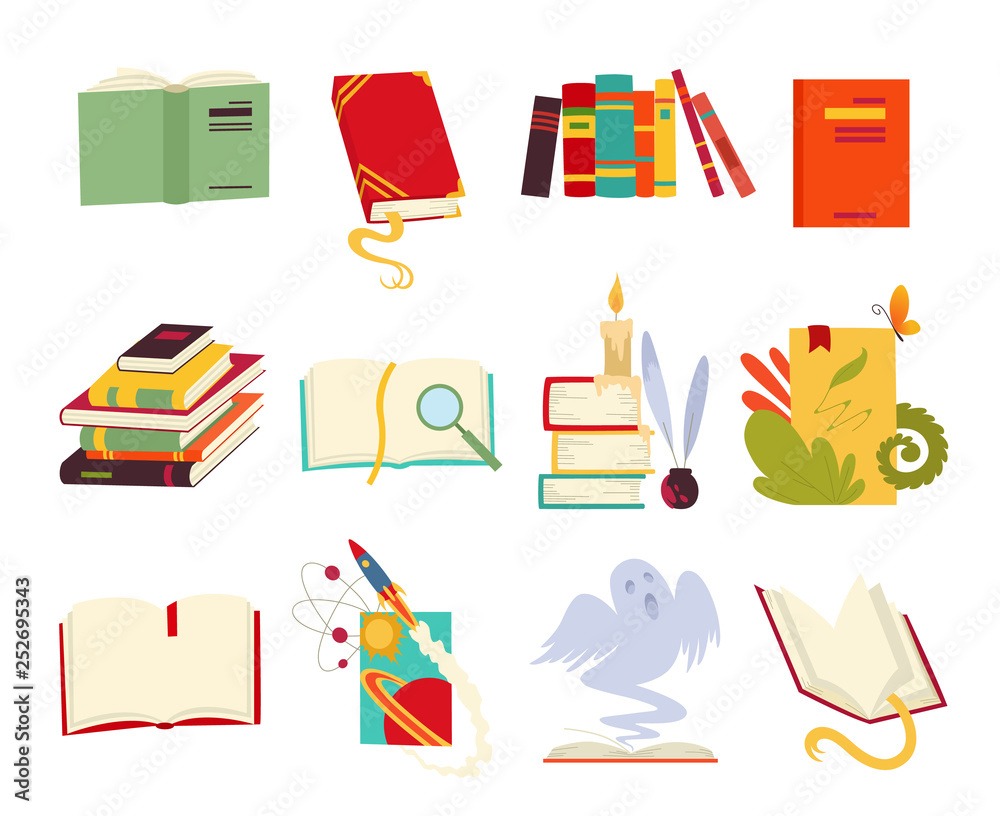Icons of books vector set design style with dragon, bird feathers, candle, bookmark and ribbon. Books in a stack, open, closed. Historical, scientific, fantastic, fairy tales, medieval, vintage. Icons of books vector set design style with dragon, bird feathers, candle, bookmark and ribbon. Books in a stack, open, closed. Historical, scientific, fantastic, fairy tales, medieval, vintage.