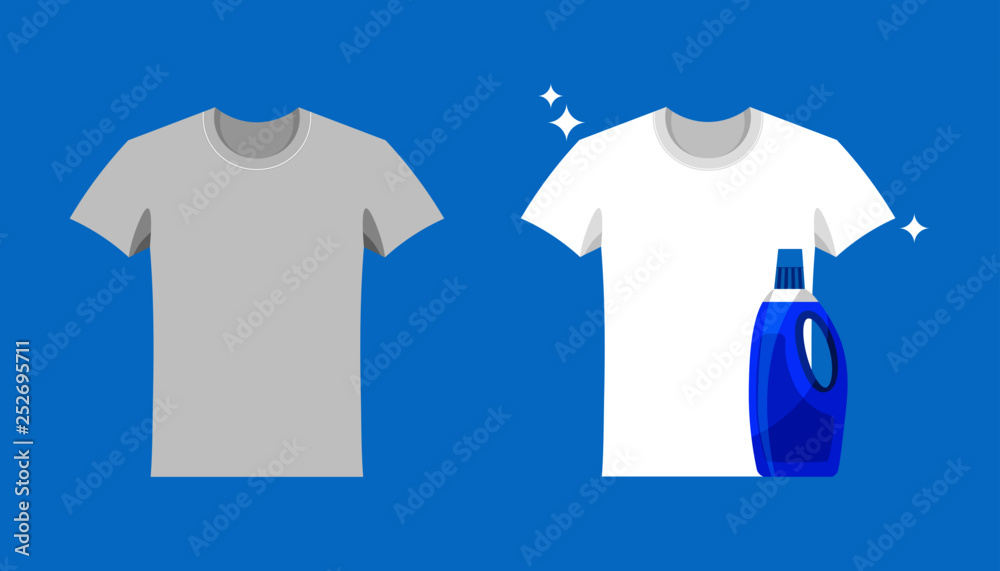 Advertising of washing powder and detergent. Clothes before and after wash. Flat blank and dirty gray t-shirt. Mock up of white shirts isolated on blue background. Advertising of washing powder and detergent. Clothes before and after wash. Flat blank and dirty gray t-shirt. Mock up of white shirts isolated on blue background.