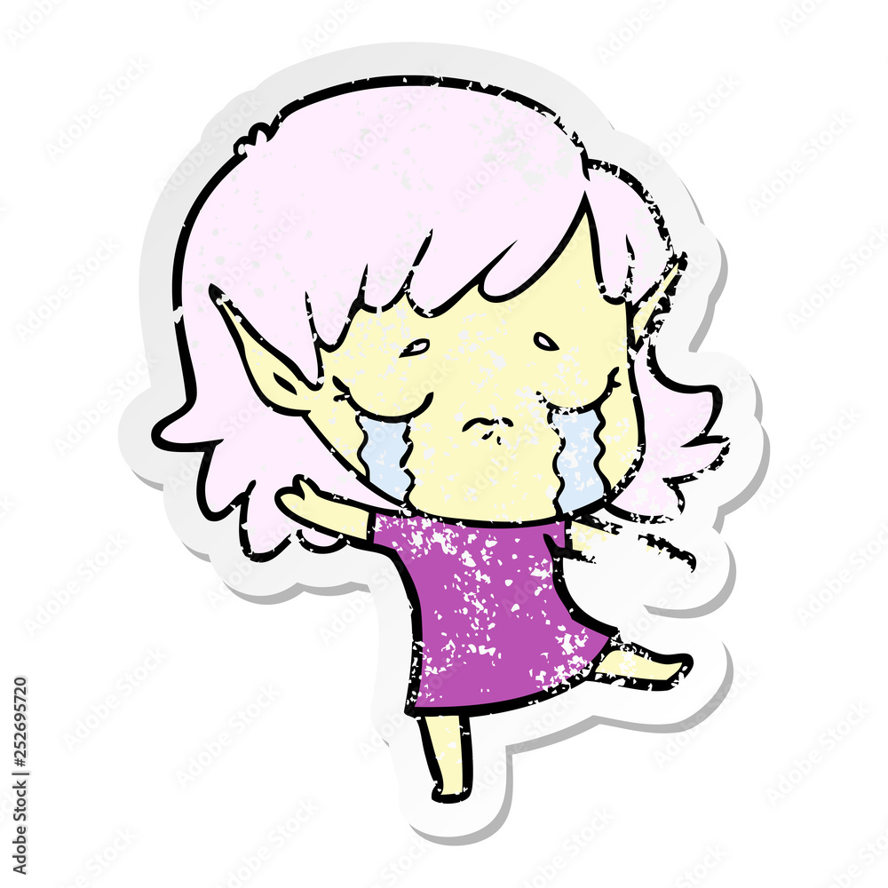 distressed sticker of a cartoon crying elf girl distressed sticker of a cartoon crying elf girl