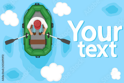 Man in a cap floats on an inflatable boat top view.
