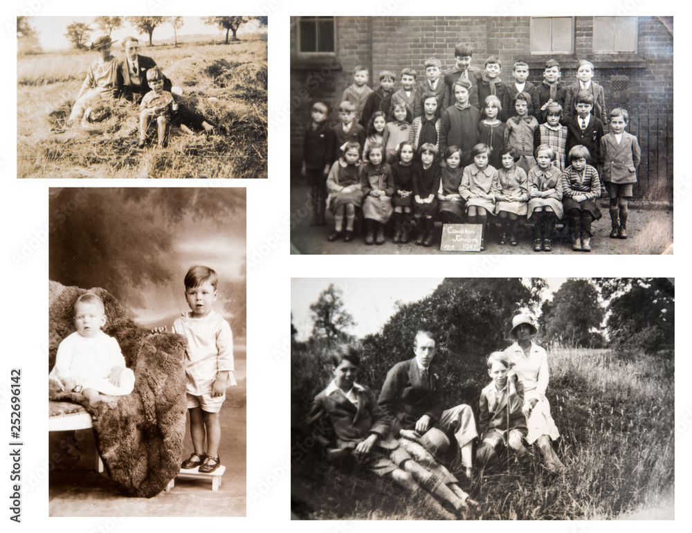 1870-1920. Portraits of English people. English family. Kids portrait. School's group photo 1927. London. Set of vintage photos. - obrazy, fototapety, plakaty 