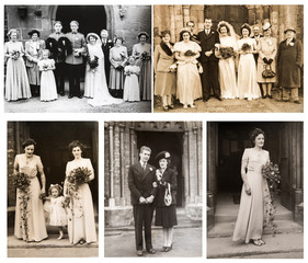 1940s. English wedding style. Portraits of English people during the wedding ceremony. English fashion. London. Set of vintage photos.