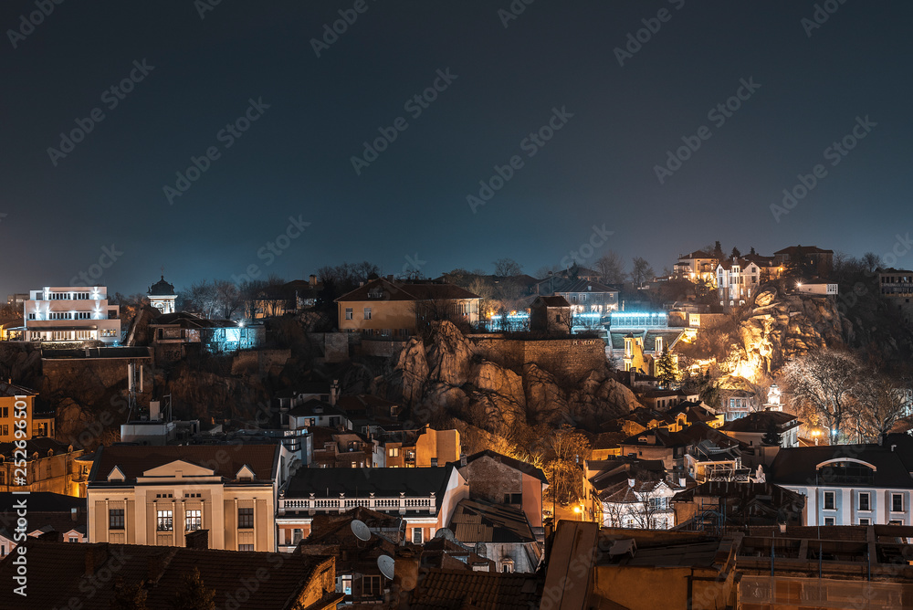 Aerial night photo over Plovdiv city, Bulgaria
