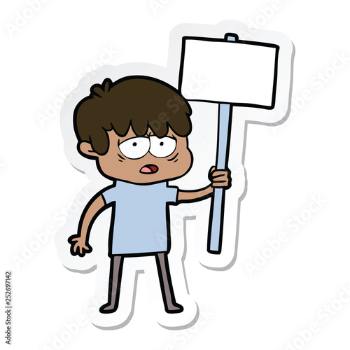 sticker of a cartoon exhausted boy with placard