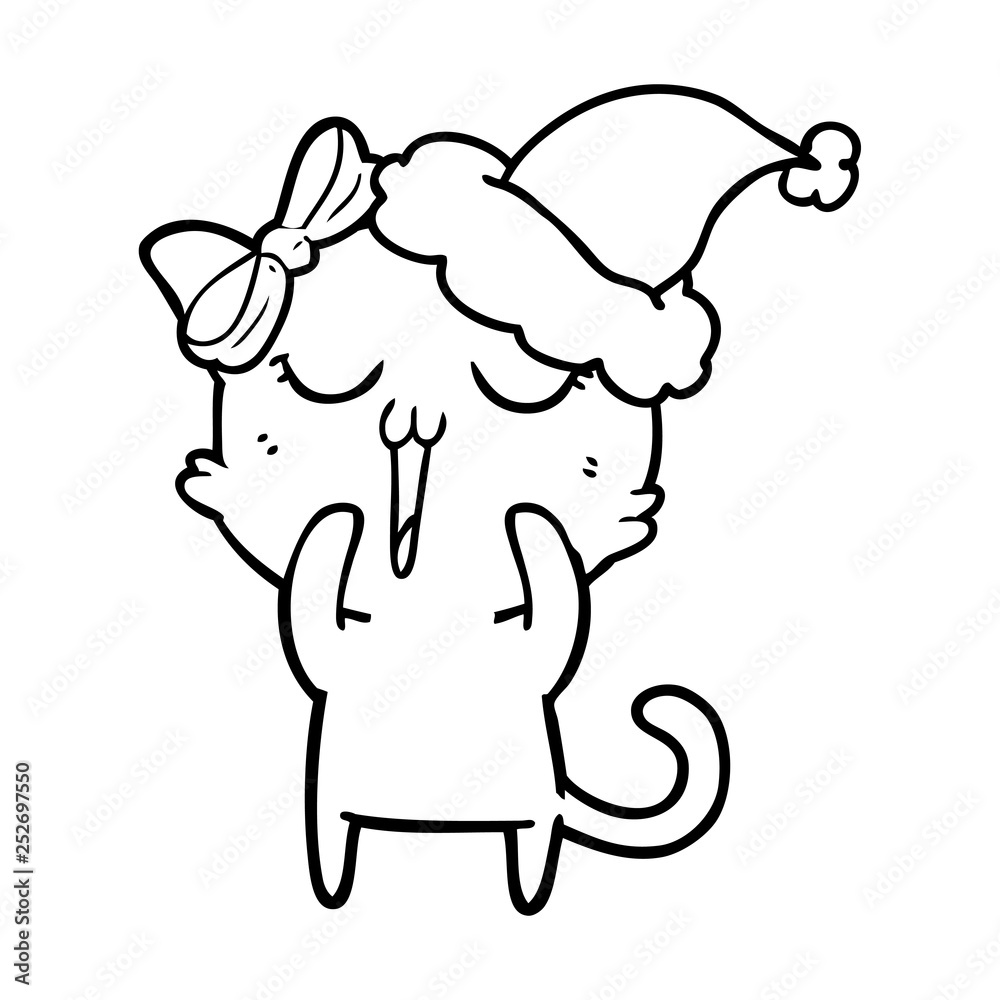 Fototapeta premium line drawing of a cat wearing santa hat