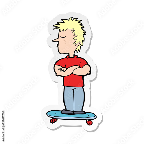 sticker of a cartoon arrogant boy on skateboard