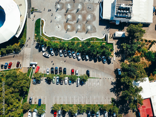 Aerial photography of modern city parking from above. photo