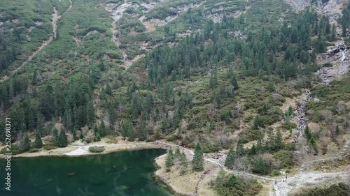 Famous polish landscape - aerial view to mountain lake Morskie Oko, Tatra Mountains, Poland