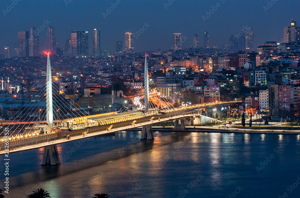 Golden horn subway suspension bridge night view. 2014 built in beyoglu, istanbul