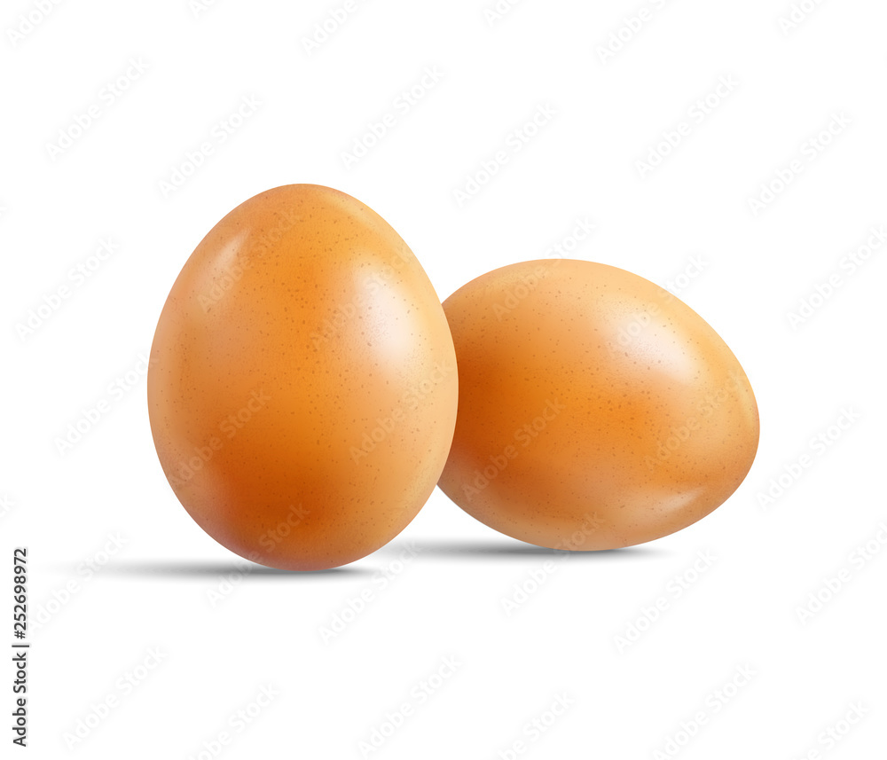 Two fresh raw chicken brown eggs isolated on white background. Realistic vector 3d illustration. Two fresh raw chicken brown eggs isolated on white background. Realistic vector 3d illustration.